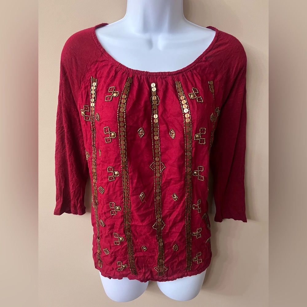 Lucky Brand Gold Sequin Embellished Red Top Size L/Classic Bohemian Y2K Style